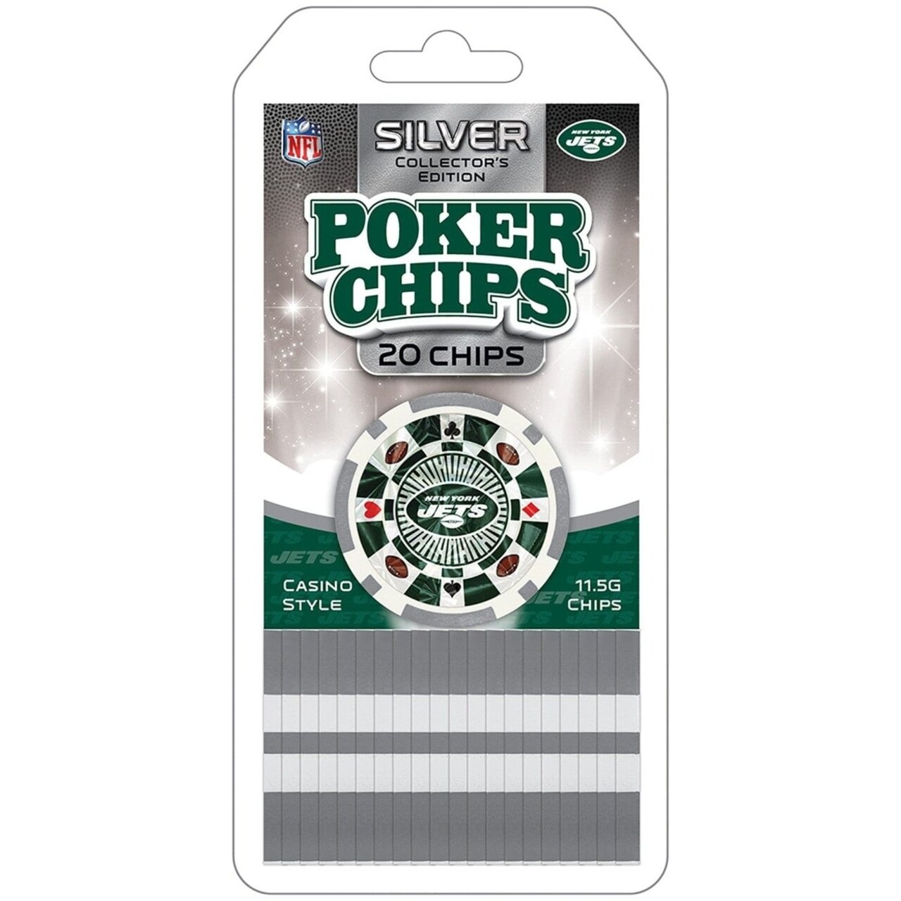 York Jets Poker Chips 20 Piece Silver Collectors Edition Nfl Fans Set